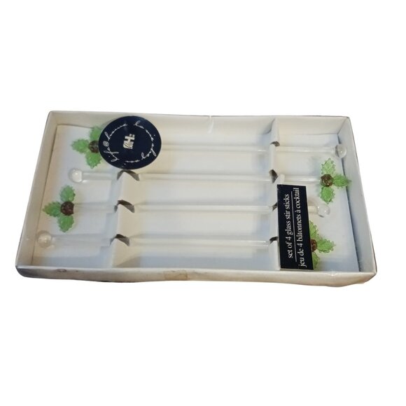 Vintage 2004 Loblaws Christmas Glass Stir Sticks Holly Leaf Green Sealed Set - Picture 3 of 10